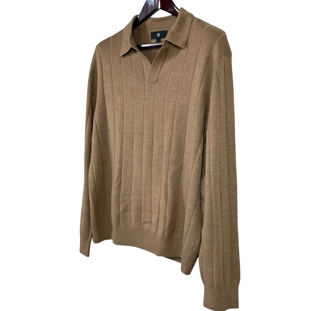 Banana Republic 100% Merino Wool Johnny Collar Sweater Mens L Brown Ribbed Knit